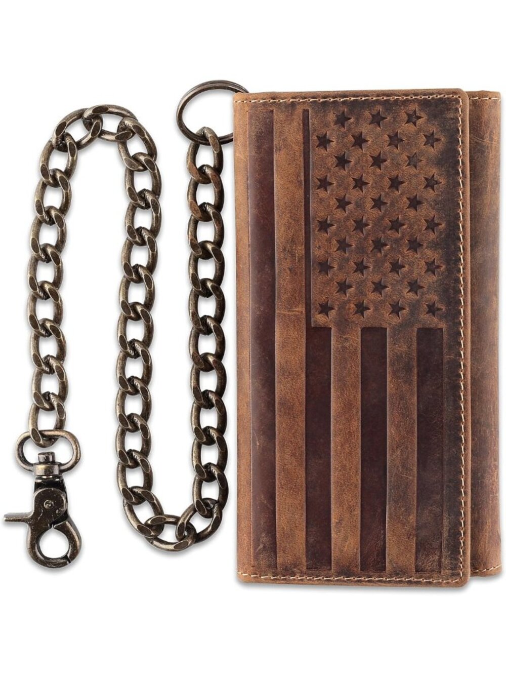 Classic RFID Blocking Men's Tri-Fold Leather Wallet with Steel Chain - Brown